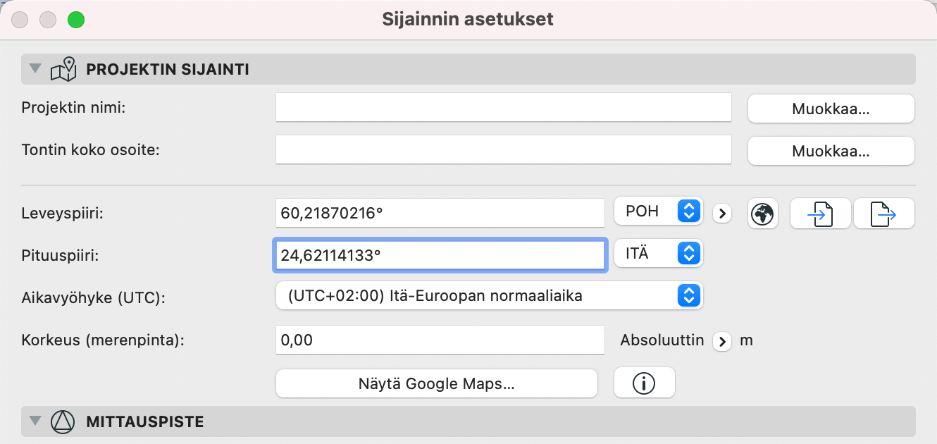 Projektin sijainnin asetukset